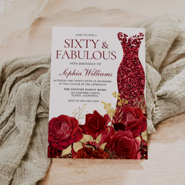 Sparkle Red Dress Roses Gold Leaf 60th Birthday Invitation
