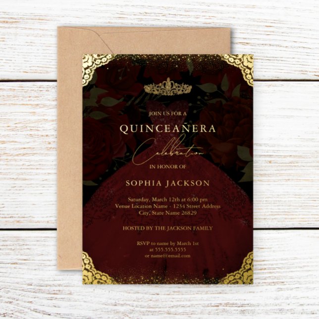 Sparkle Red Gold Dress Tiara Quinceanera  Foil Invitation (Creator Uploaded)