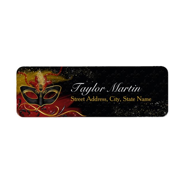 Sparkle Red & Gold Feather Mask Address Labels (Front)