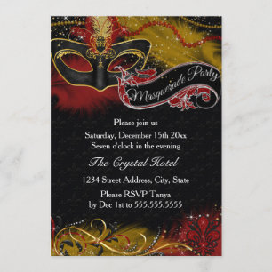 Sparkle Red & Gold Feather Mask Masquerade Invite