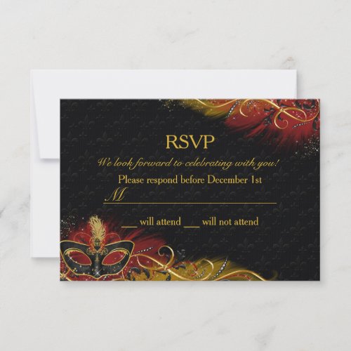 Sparkle Red  Gold Feather Mask Masquerade RSVP Invitation