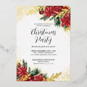 Sparkle Red Gold Foliage Christmas Party  Foil Invitation