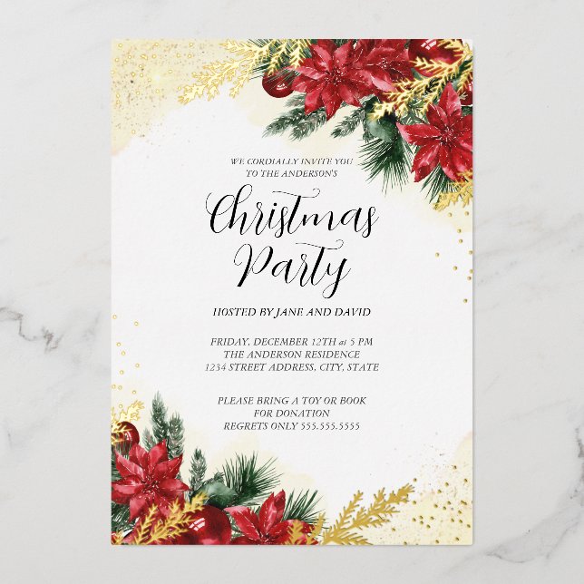 Sparkle Red Gold Foliage Christmas Party  Foil Invitation (Front)