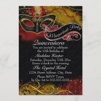 Sparkle Red & Gold Mask Masquerade Quinceanera Invitation
