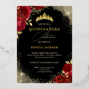 Sparkle Red Gold Rose Tiara Quinceanera Foil Invitation
