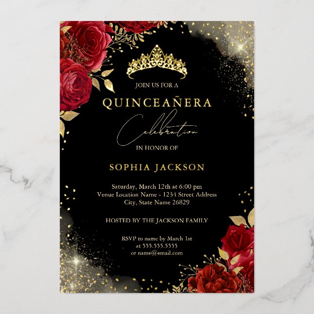 Sparkle Red Gold Rose Tiara Quinceanera Foil Invitation (Front)