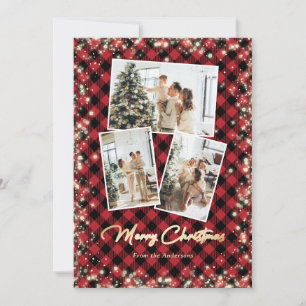 Sparkle Red Plaid Glitter Photo Merry Christmas Holiday Card