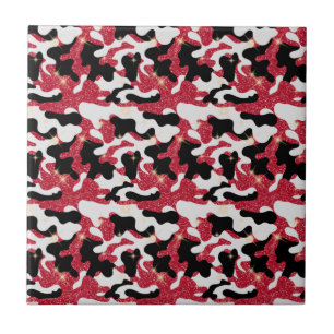 Sparkle Red White Black Camouflage Camo Ceramic Tile