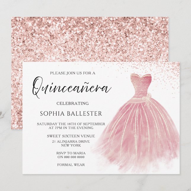 Sparkle Rose Gold Blush Gown Quinceanera Party Invitation (Front/Back)