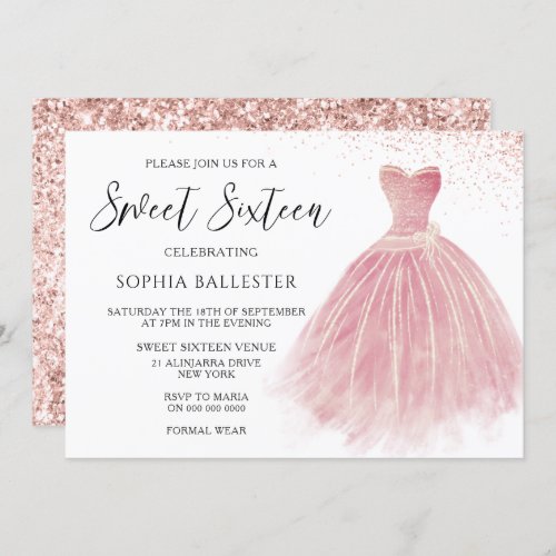 Sparkle Rose Gold Blush Gown Sweet 16 Party Invitation