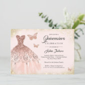 Sparkle Rose Gold Dress Butterfly Quinceanera Invitation (Standing Front)