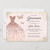 Sparkle Rose Gold Dress Butterfly Quinceanera Invitation (Front)