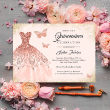 Sparkle Rose Gold Dress Butterfly Quinceanera Invitation by LittleBayleigh at Zazzle