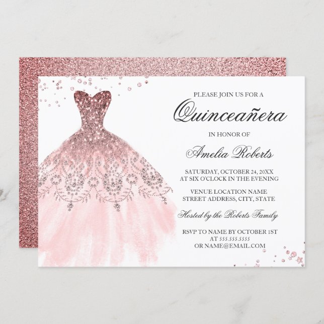 Sparkle Rose Gold Dress Quinceanera Invitation (Front/Back)