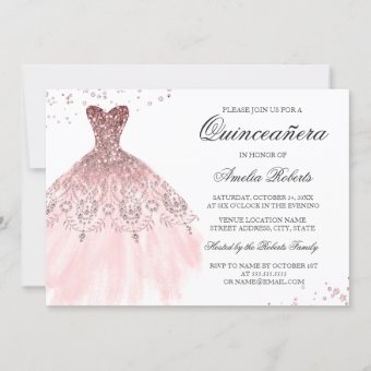 Sparkle Rose Gold Dress Quinceanera Invitation | Zazzle