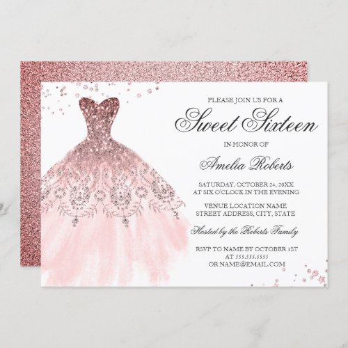 Sparkle Rose Gold Dress Sweet Sixteen Invitation