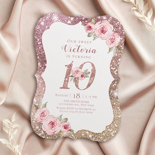 Sparkle rose gold glitter and floral 10th birthday invitation