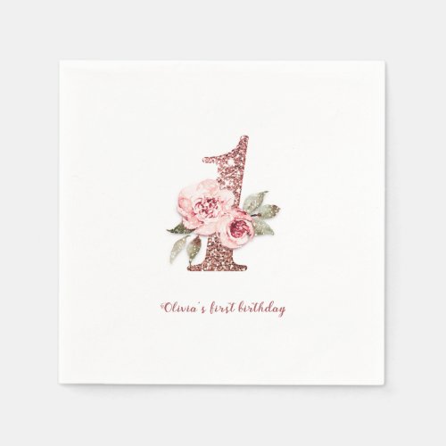 Sparkle rose gold glitter and floral 1st birthday napkins