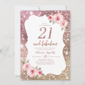 Sparkle rose gold glitter and floral 21st birthday invitation (Front)