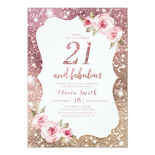 Sparkle rose gold glitter and floral 21st birthday invitation