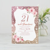 Sparkle rose gold glitter and floral 21st birthday invitation (Standing Front)