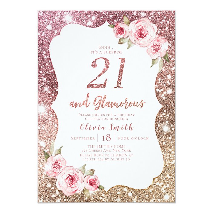 Sparkle rose gold glitter and floral 21st birthday invitation | Zazzle.com