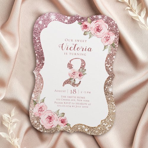 Sparkle rose gold glitter and floral 2nd birthday invitation