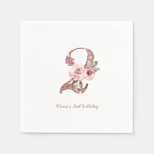Sparkle rose gold glitter and floral 2nd birthday napkins (Front)
