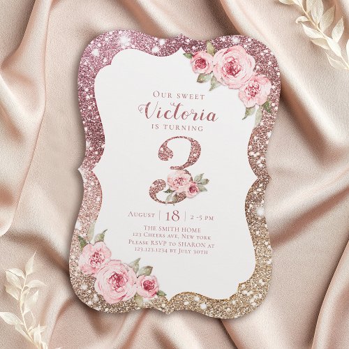 Sparkle rose gold glitter and floral 3rd birthday invitation