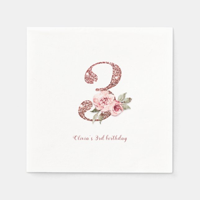 Sparkle rose gold glitter and floral 3rd birthday napkins (Front)