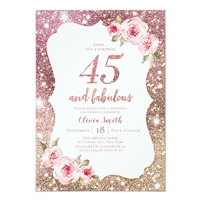 Sparkle rose gold glitter and floral 45th birthday invitation | Zazzle.com