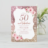 Sparkle rose gold glitter and floral 50th birthday invitation (Standing Front)