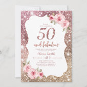 Sparkle rose gold glitter and floral 50th birthday invitation (Front)