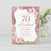 Sparkle rose gold glitter and floral 70th birthday invitation (Standing Front)