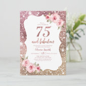 Sparkle rose gold glitter and floral 75th birthday invitation (Standing Front)