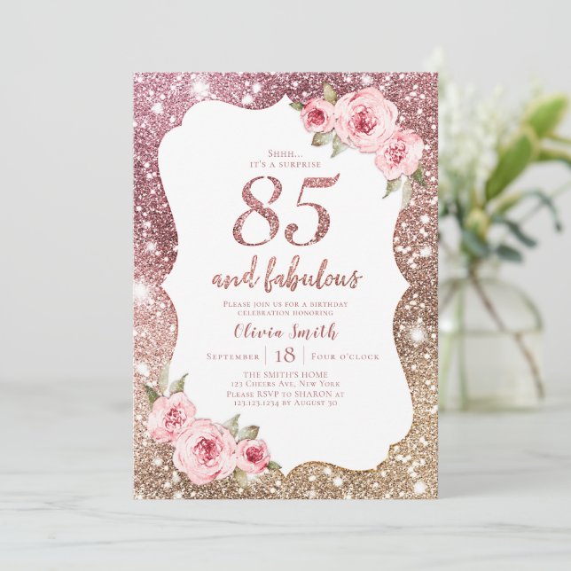 Sparkle rose gold glitter and floral 85th birthday invitation (Standing Front)