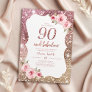 Sparkle rose gold glitter and floral 90th birthday invitation