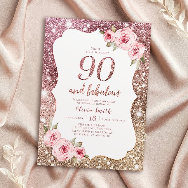 Sparkle rose gold glitter and floral 90th birthday invitation (Sparkle rose gold glitter and floral 90th birthday invitation)