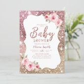 Sparkle rose gold glitter and floral baby shower invitation (Standing Front)