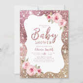 Sparkle rose gold glitter and floral baby shower invitation (Front)