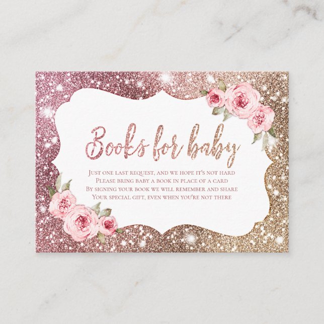 Sparkle rose gold glitter and floral books request enclosure card (Front)