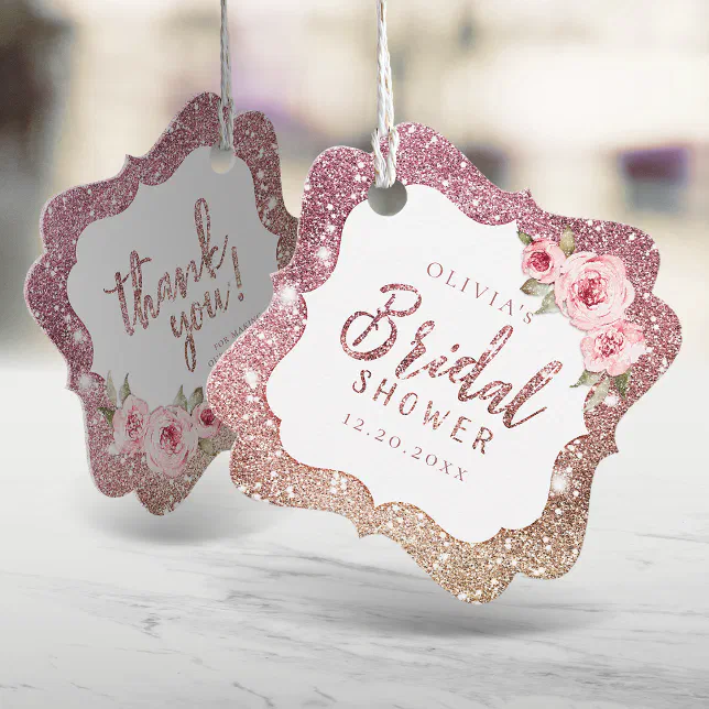 Sparkle rose gold glitter and floral bridal shower favor tags | Zazzle