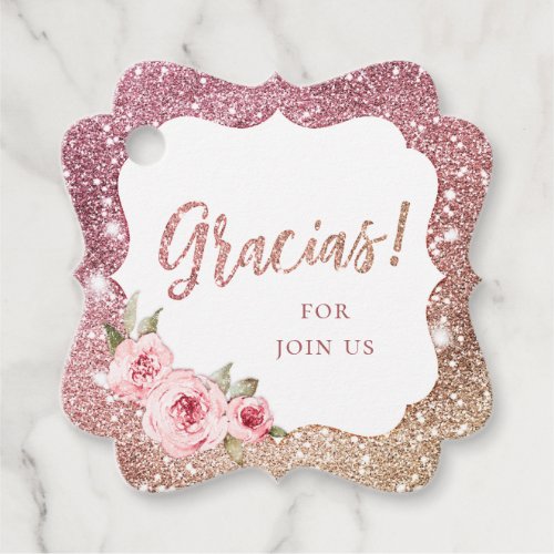 Sparkle rose gold glitter and floral gracias favor tags