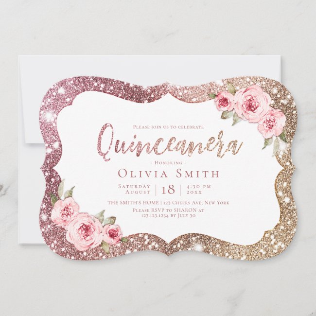 Sparkle rose gold glitter and floral Quinceanera Invitation