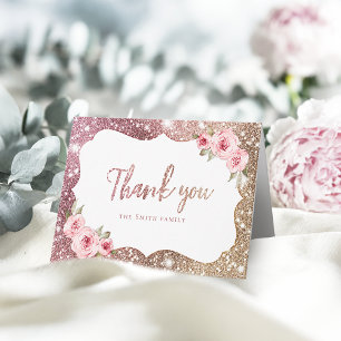 Sparkle rose gold glitter and floral thank you card