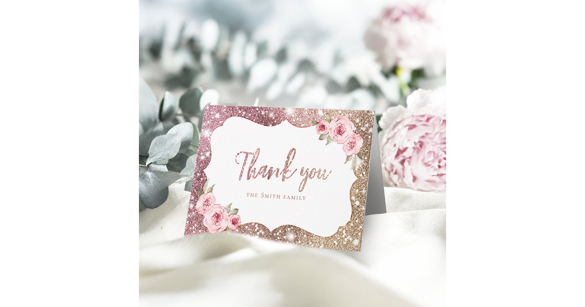 Sparkle rose gold glitter and floral thank you card | Zazzle