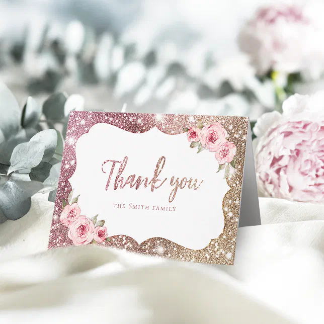 Sparkle rose gold glitter and floral thank you card | Zazzle