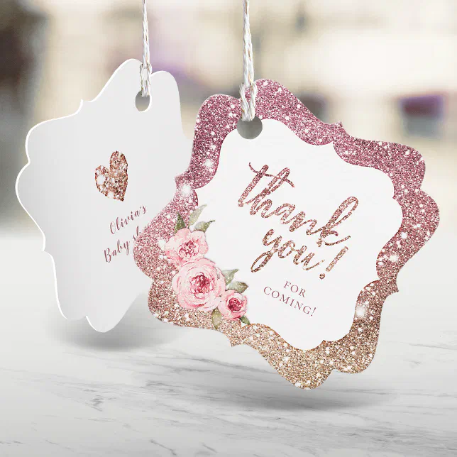 Sparkle rose gold glitter and floral thank you favor tags Zazzle