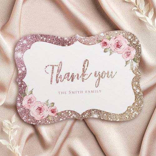 Sparkle rose gold glitter and floral thank you invitation