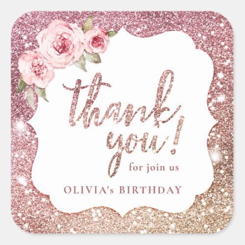 Sparkle rose gold glitter and floral thank you square sticker